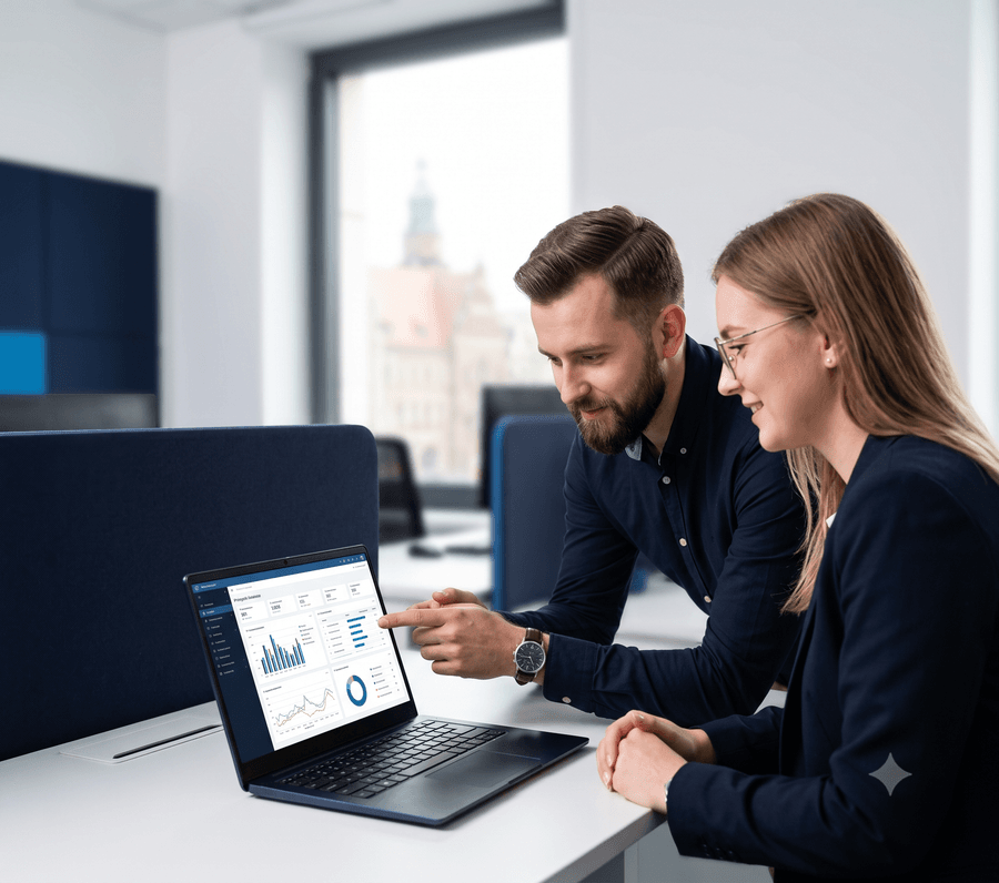Two people working on a laptop in an office