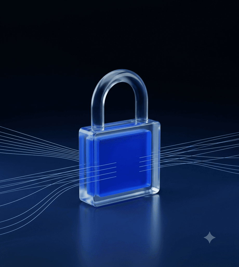 Glass padlock on a dark background — a cybersecurity symbol